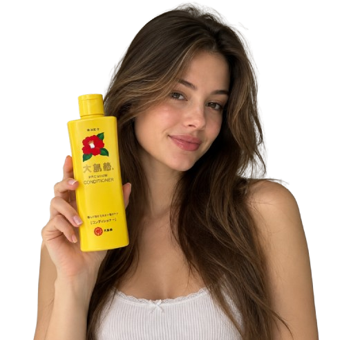 Woman holding a yellow Oshima Tsubaki Premium Conditioner bottle beside her face.